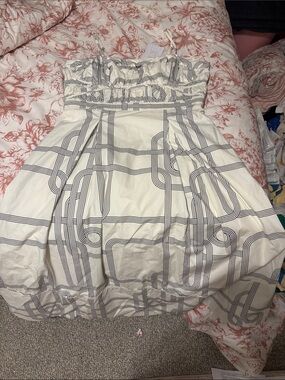 Strapless White Dress with Navy Geometric Print
